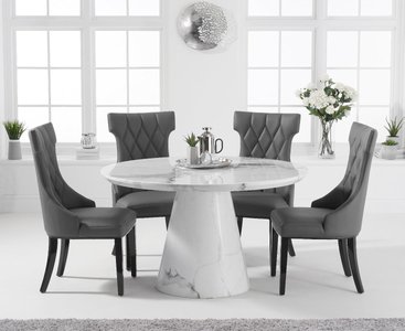 View Ravello 130cm round white marble dining table with 4 cream sophia chairs View Ravello 130cm round white marble dining table with 4 cream sophia chairs
