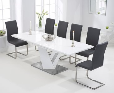 View Extending santino 160cm white high gloss dining table with 10 black austin chairs View Extending santino 160cm white high gloss dining table with 10 black austin chairs