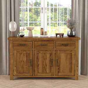 View Rustic solid oak large sideboard | 3 doors- 3 dovetail drawers View Rustic solid oak large sideboard | 3 doors- 3 dovetail drawers