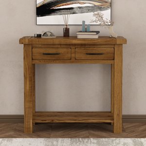 View Rustic solid oak console table | 2 dovetail drawers & shelf View Rustic solid oak console table | 2 dovetail drawers & shelf