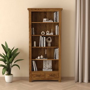 View Rustic solid oak tall bookcase | 5 shelves & 2 dovetail drawers View Rustic solid oak tall bookcase | 5 shelves & 2 dovetail drawers