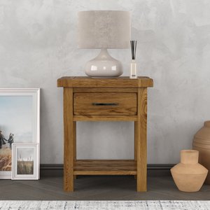 View Rustic solid oak lamp table | dovetail drawer & lower shelf View Rustic solid oak lamp table | dovetail drawer & lower shelf