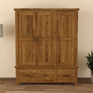 View Rustic solid oak triple wardrobe | 3 doors- 2 drawers & adjustable shelves View Rustic solid oak triple wardrobe | 3 doors- 2 drawers & adjustable shelves