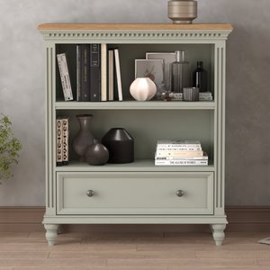 View Francis oak and soft green painted low bookcase View Francis oak and soft green painted low bookcase