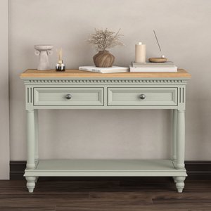 View Francis oak and soft green painted console table View Francis oak and soft green painted console table
