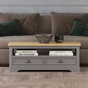 View Felton oak and light grey painted 4 drawer coffee table View Felton oak and light grey painted 4 drawer coffee table