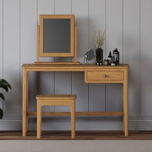View Solid oak dressing table set with stool & mirror View Solid oak dressing table set with stool & mirror