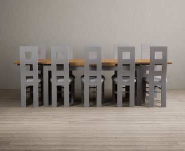 View Extending buxton 180cm oak and light grey dining table with 10 light grey painted chairs View Extending buxton 180cm oak and light grey dining table with 10 light grey painted chairs