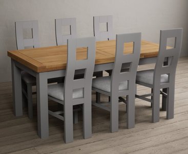 View Extending buxton 180cm oak and light grey painted dining table with 8 charcoal grey painted chairs View Extending buxton 180cm oak and light grey painted dining table with 8 charcoal grey painted chairs