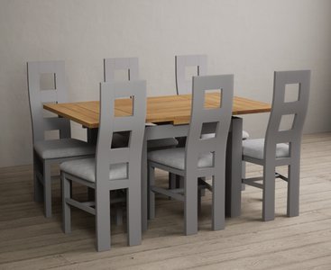 View Extending buxton 90cm oak and light grey dining table with 6 light grey painted chairs View Extending buxton 90cm oak and light grey dining table with 6 light grey painted chairs