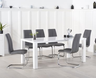 View Seattle 200cm white high gloss dining table with 6 grey gianni chairs View Seattle 200cm white high gloss dining table with 6 grey gianni chairs