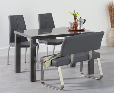 View Seattle 120cm dark grey high gloss dining table with 2 grey marco chairs with 1 grey bench View Seattle 120cm dark grey high gloss dining table with 2 grey marco chairs with 1 grey bench