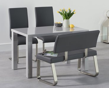 Photo of seattle 120cm light grey high gloss dining table with 4 grey austin chairs with 1 grey bench