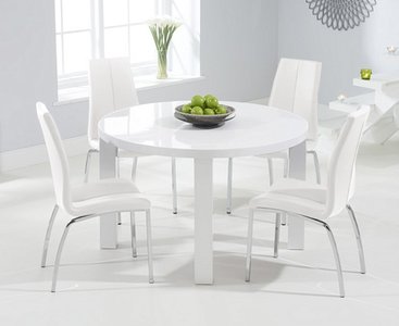 View Seattle 120cm round white high gloss dining table with 4 white marco chairs View Seattle 120cm round white high gloss dining table with 4 white marco chairs