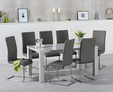 View Seattle 160cm light grey high gloss dining table with 8 black austin chairs View Seattle 160cm light grey high gloss dining table with 8 black austin chairs