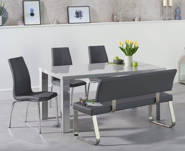 View Seattle 160cm light grey high gloss dining table with 2 grey marco chairs with 1 grey bench View Seattle 160cm light grey high gloss dining table with 2 grey marco chairs with 1 grey bench