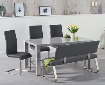 View Seattle 160cm light grey high gloss dining table with 2 grey austin chairs with 1 grey bench View Seattle 160cm light grey high gloss dining table with 2 grey austin chairs with 1 grey bench