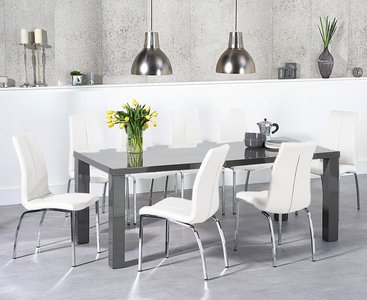 Photo of seattle 200cm dark grey high gloss dining table with 10 white marco chairs
