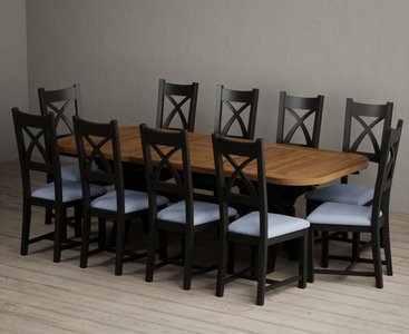 View Extending olympia 180cm oak and black painted dining table with 10 blue painted chairs View Extending olympia 180cm oak and black painted dining table with 10 blue painted chairs