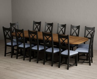 View Extending olympia 180cm oak and black painted dining table with 12 blue painted chairs View Extending olympia 180cm oak and black painted dining table with 12 blue painted chairs