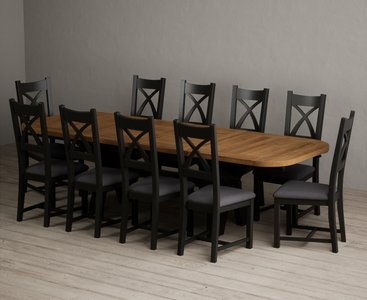 View Extending olympia 180cm oak and black painted dining table with 10 charcoal grey painted chairs View Extending olympia 180cm oak and black painted dining table with 10 charcoal grey painted chairs