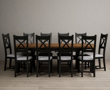 View Extending olympia 180cm oak and black painted dining table with 10 light grey painted chairs View Extending olympia 180cm oak and black painted dining table with 10 light grey painted chairs