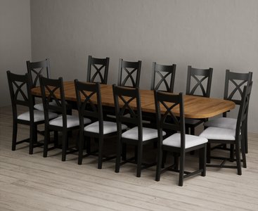View Extending olympia 180cm oak and black painted dining table with 12 light grey painted chairs View Extending olympia 180cm oak and black painted dining table with 12 light grey painted chairs