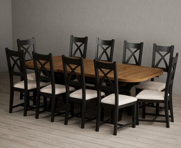 View Extending olympia 180cm oak and black painted dining table with 10 linen painted chairs View Extending olympia 180cm oak and black painted dining table with 10 linen painted chairs