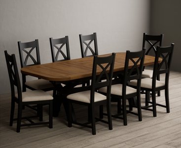 View Extending olympia 180cm oak and black painted dining table with 8 linen painted chairs View Extending olympia 180cm oak and black painted dining table with 8 linen painted chairs