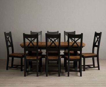 View Extending olympia 180cm oak and black painted dining table with 8 rustic oak painted chairs View Extending olympia 180cm oak and black painted dining table with 8 rustic oak painted chairs
