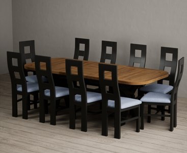 View Extending olympia 180cm oak and black painted dining table with 10 blue painted chairs View Extending olympia 180cm oak and black painted dining table with 10 blue painted chairs