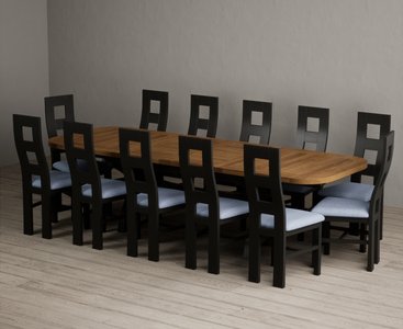View Extending olympia 180cm oak and black painted dining table with 12 blue painted chairs View Extending olympia 180cm oak and black painted dining table with 12 blue painted chairs