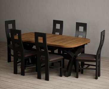 View Extending olympia 180cm oak and black painted dining table with 6 brown painted chairs View Extending olympia 180cm oak and black painted dining table with 6 brown painted chairs
