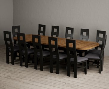 View Extending olympia 180cm oak and black painted dining table with 12 charcoal grey painted chairs View Extending olympia 180cm oak and black painted dining table with 12 charcoal grey painted chairs