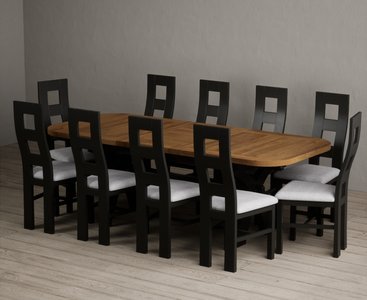 View Extending olympia 180cm oak and black painted dining table with 10 light grey painted chairs View Extending olympia 180cm oak and black painted dining table with 10 light grey painted chairs