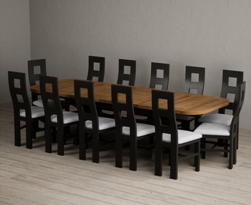 View Extending olympia 180cm oak and black painted dining table with 12 light grey painted chairs View Extending olympia 180cm oak and black painted dining table with 12 light grey painted chairs