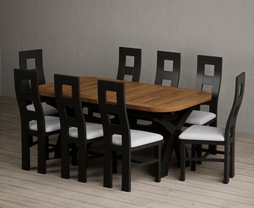 View Extending olympia 180cm oak and black painted dining table with 8 light grey painted chairs View Extending olympia 180cm oak and black painted dining table with 8 light grey painted chairs