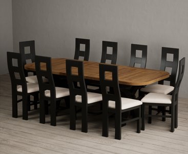 View Extending olympia 180cm oak and black painted dining table with 10 linen painted chairs View Extending olympia 180cm oak and black painted dining table with 10 linen painted chairs