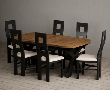 View Extending olympia 180cm oak and black painted dining table with 6 linen painted chairs View Extending olympia 180cm oak and black painted dining table with 6 linen painted chairs