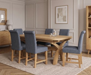 View Extending olympia 180cm solid oak dining table with 6 blue braced chairs View Extending olympia 180cm solid oak dining table with 6 blue braced chairs