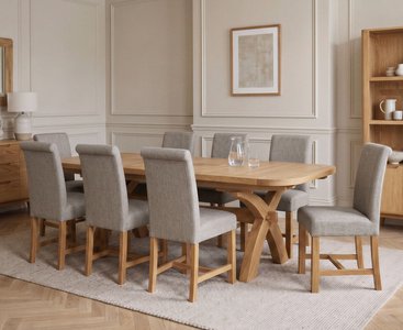 View Extending olympia 180cm solid oak dining table with 8 grey braced chairs View Extending olympia 180cm solid oak dining table with 8 grey braced chairs