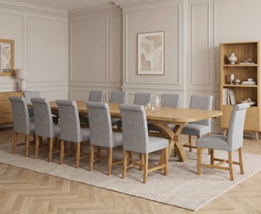 View Extending olympia 180cm solid oak dining table with 12 grey braced chairs View Extending olympia 180cm solid oak dining table with 12 grey braced chairs