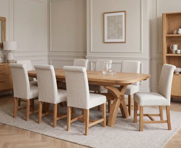 View Extending olympia 180cm solid oak dining table with 8 natural braced chairs View Extending olympia 180cm solid oak dining table with 8 natural braced chairs