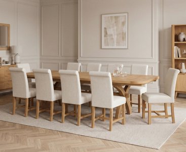View Extending olympia 180cm solid oak dining table with 10 natural braced chairs View Extending olympia 180cm solid oak dining table with 10 natural braced chairs
