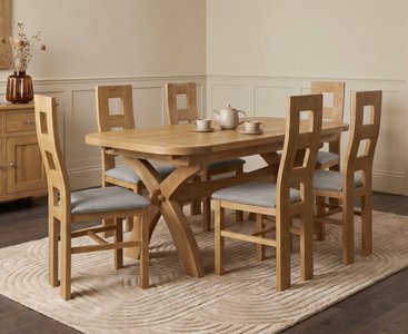 View Extending olympia 180cm solid oak dining table with 6 light grey natural chairs View Extending olympia 180cm solid oak dining table with 6 light grey natural chairs