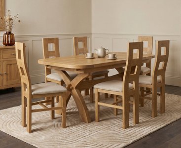 View Extending olympia 180cm solid oak dining table with 6 linen natural chairs View Extending olympia 180cm solid oak dining table with 6 linen natural chairs