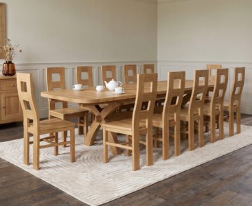 View Extending olympia 180cm solid oak dining table with 12 oak natural chairs View Extending olympia 180cm solid oak dining table with 12 oak natural chairs