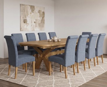 View Extending olympia 180cm solid oak dining table with 10 blue scroll back chairs View Extending olympia 180cm solid oak dining table with 10 blue scroll back chairs