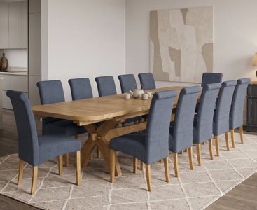 View Extending olympia 180cm solid oak dining table with 12 blue scroll back chairs View Extending olympia 180cm solid oak dining table with 12 blue scroll back chairs