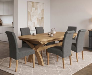 View Extending olympia 180cm solid oak dining table with 6 charcoal grey scroll back chairs View Extending olympia 180cm solid oak dining table with 6 charcoal grey scroll back chairs